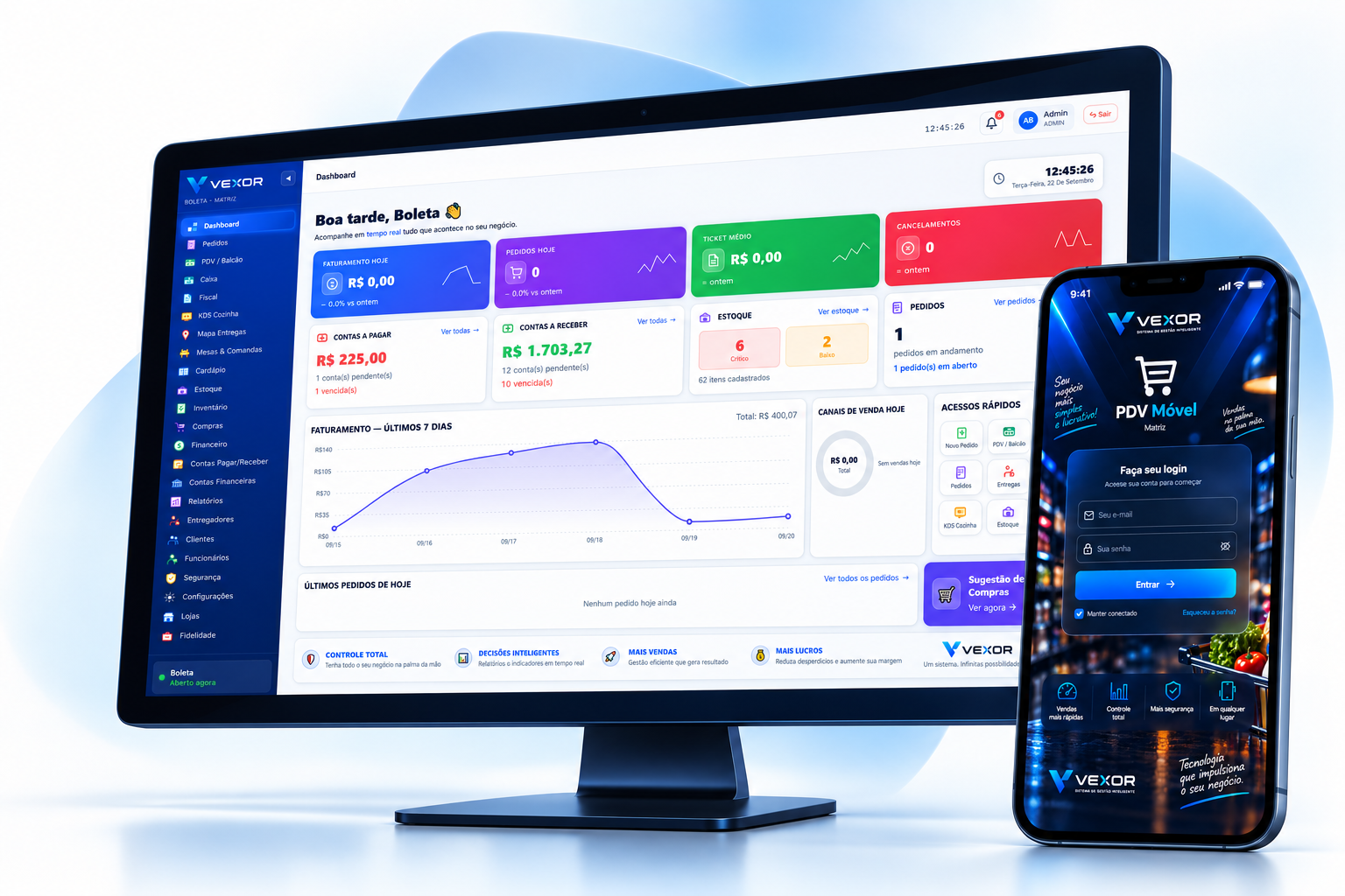 Dashboard e app PDV móvel Vexor